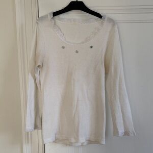 Vintage Waffle Pointelle Lace-Trim Top with Rosebuds S-M